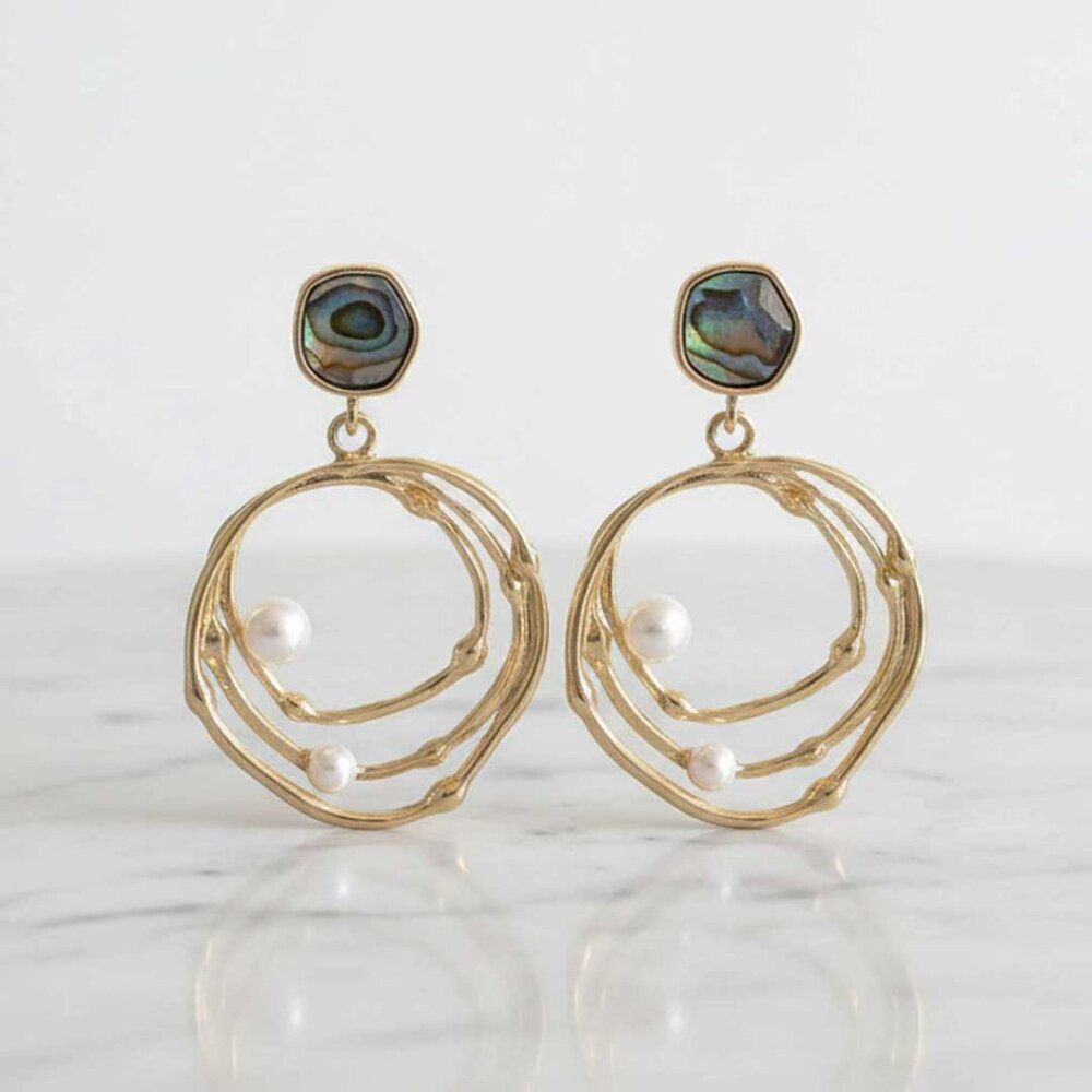 Round Faux Abalone Pearl Dangle Earrings
